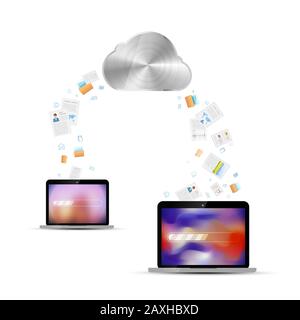 Transfert de fichiers entre deux ordinateurs portables via le service Cloud, illustration de la technologie en blanc Illustration de Vecteur