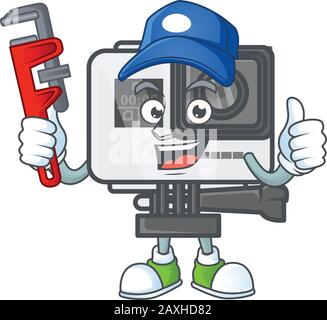 Appareil photo Smiley Plumber action sur le style d'image de mascotte Illustration de Vecteur