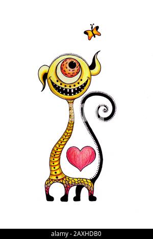 Monstre amoureux d'un papillon. Illustration. Saint Valentin. Banque D'Images