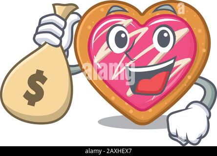 Riche et célèbre cookie coeur dessin animé personnage tenant sac d'argent Illustration de Vecteur