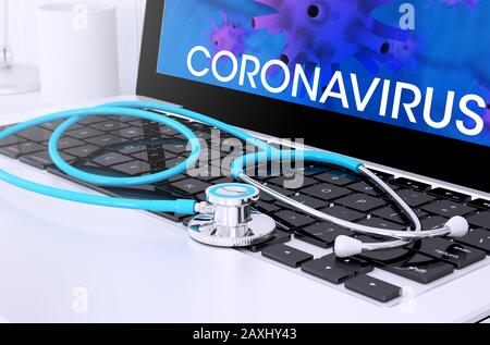 rendu tridimensionnel du stéthoscope sur un clavier d'ordinateur portable avec écran montrant le coronavirus Banque D'Images