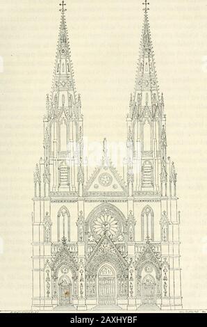 Revue de l'art chrétien . la corniche ne put les proléger. Cette navigation est tellequelle a nécessaire letablissement dune puissante induit en fer pourprévenir le débours. Le premier étage de la façade se termine par une petite balustrade com-posée darrics trilobés, en arrière de laquelle le mur est coré dune Arcatureen application, imitées lune et lautre de celles du croisillon septentarionalde notre-Dame de Paris. Au-dessus de règne une belle grise leuillagéc. Le deuxième étage comprend les fenêtres latérales et la grande rosace.quatre statues protonées par des frontons décorenl la face de Banque D'Images