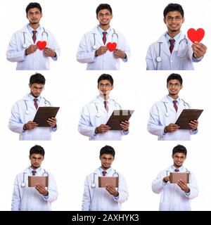 Collage de jeune homme indien médecin avec différents accessoires Banque D'Images