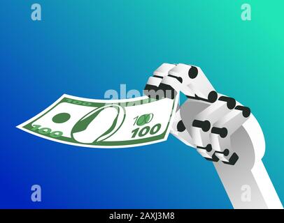 Le bras robotisé maintient une facture de 100 dollars. Isolé sur fond de gradient bleu. Illustration vectorielle Illustration de Vecteur