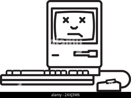 Ordinateur personnel vintage ne fonctionne pas, face morte à l'écran, icône de contour vectoriel. Symbole de panne du système. Illustration de Vecteur