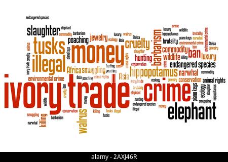 Commerce de l'ivoire - crime contre l'environnement problèmes et concepts illustration nuage de mots. Collage mot concept. Banque D'Images