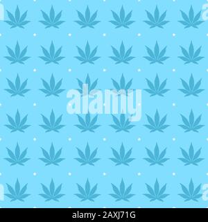 Répétition du modèle de feuilles de cannabis. Tuiles transparentes pour le papier peint, l'impression de tissu et la broderie. Feuilles bleues/étoiles blanches sur fond bleu. Illustration de Vecteur
