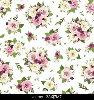 Modèle vectoriel sans couture avec roses roses roses, violettes et blanches, fleurs et mûres de lisianthus. Illustration de Vecteur