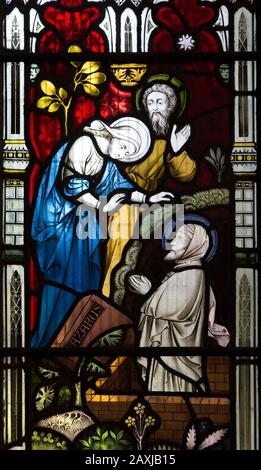 Vitrail victorien représentant L'Élévation de Lazarus par Clayton et Bell, non daté, église d'Urchfont, Wiltshire, Angleterre, Royaume-Uni Banque D'Images