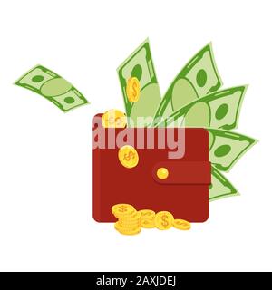 L'argent vole dans un sac à main. Billets de banque, billets de avion, pièces d'or. Illustration de Vecteur
