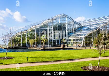 Vue sur l'extérieur de la Glasshouse à RHS Gardens, Wisley, Surrey, sud-est de l'Angleterre, lors d'une journée d'hiver ensoleillée avec ciel bleu Banque D'Images