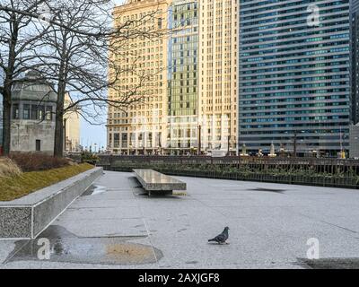 Façades de gratte-ciel anciens et modernes du centre-ville de Chicago par un jour pluvieux en mars 2019. Chicago est la troisième ville la plus peuplée des États-Unis. Banque D'Images