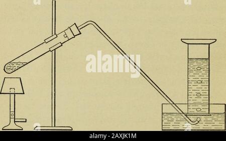 Expériences de conférence chimique . ithtracées au taux désiré, à condition que le dénivelé de l'eau dans la bouteille ne s'élève pas assez pour sortir du tube d'air. Avec un bon fort filtre-pompe air suffisant-cient peut être obtenu pour actionner un souffle-lampe. Auges pneumatiques. — La gouttière pneumatique est indistribuable lors de l'expérimentation de nombreux gaz. Lorsque seules les petites quantités d'un gaz doivent être collectées, un cristalliszingdish en verre est utilisé, car l'opération est alors entièrement visible. Lorsque de plus grandes quantités doivent être utilisées, un bac en zinc, en fer galvanisé ou en cuivre est utilisé. Le métal shouldbe bien enduit wi Banque D'Images