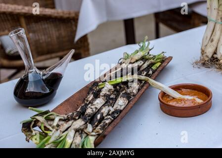 Oignons de calcottes rôtis servis sur plaque avec sauce Romesco – plat d'hiver catalan traditionnel. Banque D'Images