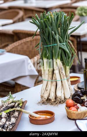 Oignons de calcottes rôtis servis sur plaque avec sauce Romesco – plat d'hiver catalan traditionnel. Banque D'Images