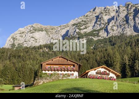 Ferme au lac Hintersee, l'Alm Reiter derrière, Ramsau, Alpes Berchtesgaden, Berchtesgadener Land, Haute-Bavière, Bavière, Allemagne du sud, Allemagne Banque D'Images