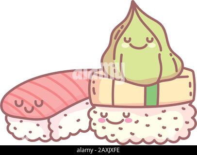 le riz au saumon à sushi et le menu wasabi restaurant la nourriture mignon illustration vectorielle Illustration de Vecteur
