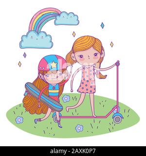 bonne journée pour les enfants, filles avec scooter et planche à roulettes illustration vectorielle extérieure Illustration de Vecteur