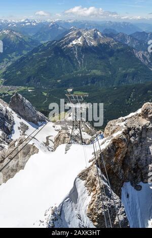 Vue sur les Alpes depuis le sommet du Zugspitze avec mât de téléphérique en premier plan Banque D'Images