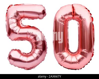 Numéro 50 cinquante fait de ballons gonflables roses dorés isolés sur blanc. Ballons d'hélium, numéros de feuilles roses. Décoration de fête, signe anniversaire pour Banque D'Images