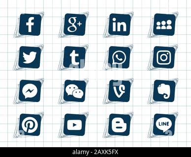 Dessin sur la feuille du bloc-notes. Icônes de gribouille carrée. Collection d'icônes populaires sur les réseaux sociaux sur un fond blanc Facebook, Instagram, Linkedin, Pint Illustration de Vecteur