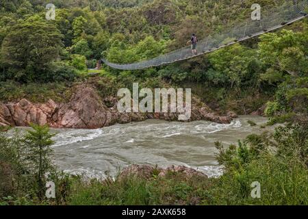 Buller gorge Swing Bridge, pont suspendu pour piétons au-dessus de la rivière Buller, près de Murchison, district de Tasman, South Island, Nouvelle-Zélande Banque D'Images