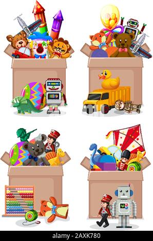 Ensemble de boîtes remplies de jouets sur fond blanc illustration Illustration de Vecteur