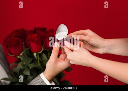 Vue partielle de l'homme avec bouquet proposant à la petite amie isolée sur fond rouge. Banque D'Images