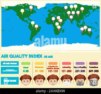 Diagramme montrant l'indice de qualité de l'air avec la carte du monde dans l'illustration d'arrière-plan Illustration de Vecteur