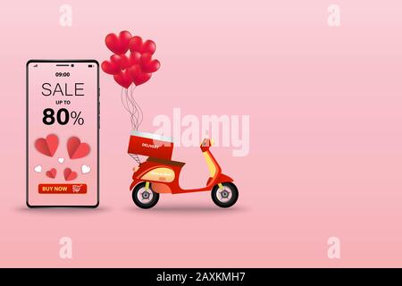 Concept d'affaires de livraison en scooter et application sur mobile, scooter et téléphone que l'affichage montre taux de réduction à livrer en Saint-Valentin. Banque D'Images