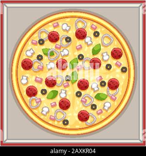Illustration de la boîte de pizza avec garniture de viande et de légumes Illustration de Vecteur