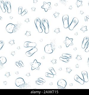 Motif sans couture avec chaussures à bascule. Fond vectoriel d'été. Art de ligne dessiné à la main avec des étoiles de mer mignonnes et des méduses kawaii. Design blanc et bleu Illustration de Vecteur