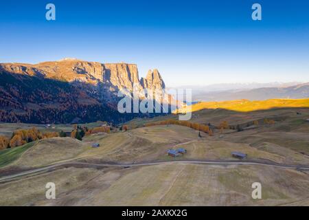 Couleurs d'automne à l'Alpe di Siusi/Seiser Alm avec pics Sciliar sur fond, vue aérienne, Dolomites, Tyrol du Sud, Italie Banque D'Images