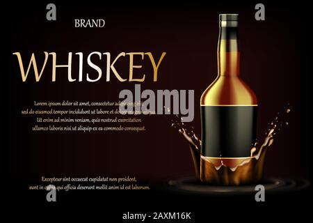 Des boissons à base de whisky. Whisky en verre réaliste bouteille de boisson alcoolisée forte sur fond sombre avec éclaboussures et gouttes liquides, publicité pour la conception de bannière Illustration de Vecteur