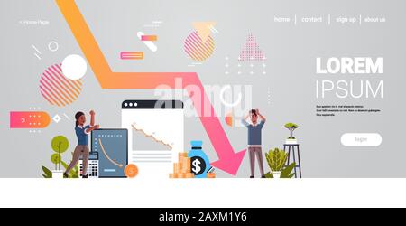 les hommes d'affaires frustrés par la chute de flèche diminuer l'économie étirant baisse la crise financière concept d'échec a souligné collègues homme femme couple pleine longueur horizontale copie espace illustration vectorielle Illustration de Vecteur