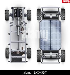 Ensemble de châssis roulant de voiture. Châssis et types électriques. Châssis du véhicule avec moteur et batterie. Pont avant sous la carrosserie. Illustration vectorielle i Illustration de Vecteur