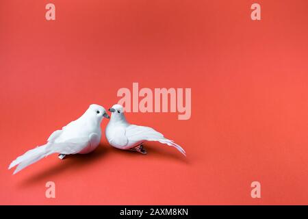 Deux colombes blanches, symbole de l'amour, baiser sur fond rouge Banque D'Images