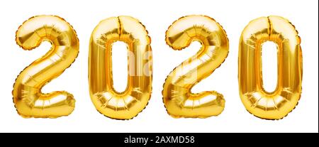 Ballons Golden Christmas 2020 isolés sur fond blanc. Ballons d'hélium, numéros de feuilles d'or. Chiffres Pour La Bonne Année 2020. Décoration de fête Banque D'Images