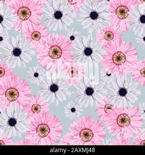 Motif fleuri Sans Couture avec Gerbera et chrysanthème. Conception parfaite pour le tissu et le textile, le papier d'emballage et le papier peint pour les murs. Motif vectoriel. Illustration de Vecteur