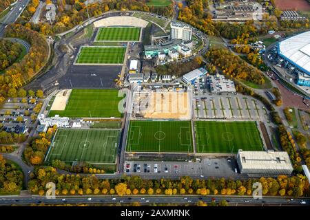 Vues aériennes, arène DE VELTINS, ancien stade de parc de Gelsenkirchen, reconstruction des lieux d'entraînement Schalke 04, terrain de football, terrains de football, Beckhausen Banque D'Images