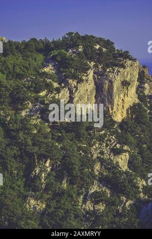 montagne sombre d'arrière-plan de falaise avec arbres, filtre Banque D'Images