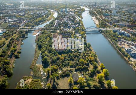 Vues aériennes, Ile d'Elbe Werder, l'Elbe, rivière, affluent de l'Elbe, Werder, Magdeburg, Saxe-Anhalt, Allemagne Banque D'Images