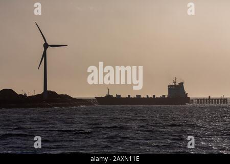 Heysham, Lancashire, Royaume-Uni. 12 février 2020. La flèche arrive à Heysham d'Irlande du Nord pour prendre le fret pour l'île de Man thast a été retardé par Storm Ciara. Le navire aidera à effacer l'arriéré de fret qui s'est accumulé suite à l'annulation de l'île de Man Ferries entre Heysham et Douglas en raison de la tempête crédit: Photographier North/Alay Live News Banque D'Images