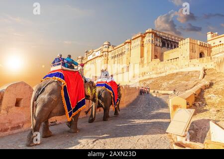 Les touristes qui voyagent des éléphants près du célèbre fort Amber à Jaipur, en Inde Banque D'Images