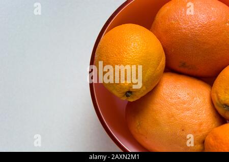 Oranges et pamplemousse dans un bol rond sur fond blanc, vue de dessus Banque D'Images
