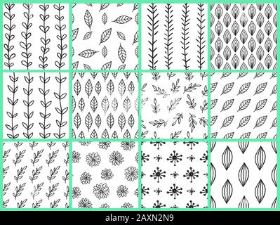 Ensemble de motifs naturels sans coutures abstraits en noir et blanc. Fonds vectoriels dessinés à la main avec fleurs et feuilles. Illustration de Vecteur