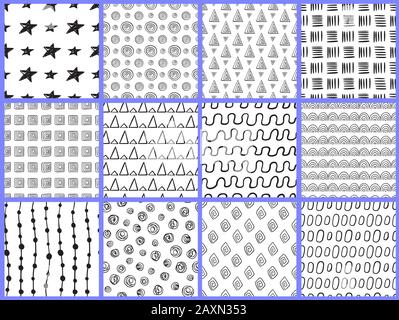 Ensemble de motifs abstraits sans couture en noir et blanc. Arrière-plans vectoriels dessinés à la main. Illustration de Vecteur