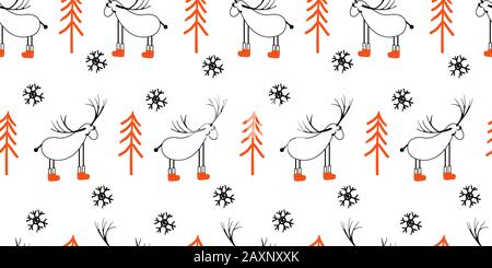 Lumière homogène avec des cerfs et d'arbres. Dessin de style scandinave. Art linéaire noir-blanc illustration. Bonjour l'hiver. Banque D'Images