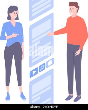 Couple faire défiler la ligne de nouvelles sur Internet. Illustration de Vecteur