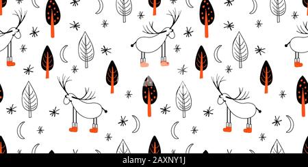 Lumière homogène avec des cerfs et d'arbres. Dessin de style scandinave. Art linéaire noir-blanc illustration. Bonjour l'hiver. Banque D'Images